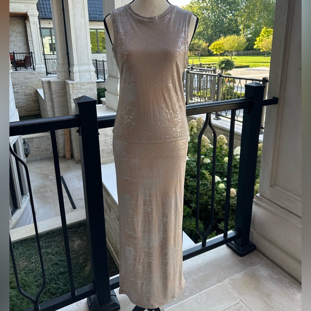 River Island NWOT Beige Silver Glitter Tank Top & Skirt Co-Ord Set (Size 8)